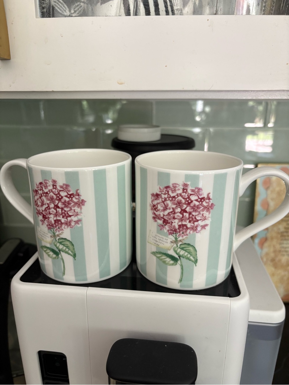 Roy Kirkham Flora Stripe Ceramic Coffee Mugs- Mint and Pink Fine Bone China
